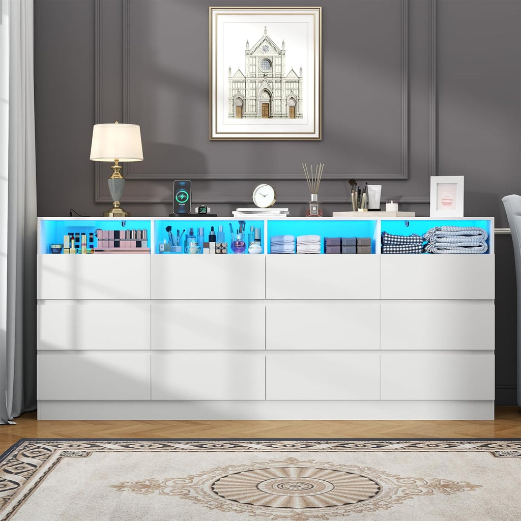 Gyfimoie 6-Drawer Dresser with Divided Compartments, Charging Station & LED Lights, 63" Wide TV Stand for TVs up to 75", Large Organizer with 4 Open Cubbies (White, 6 Drawers)