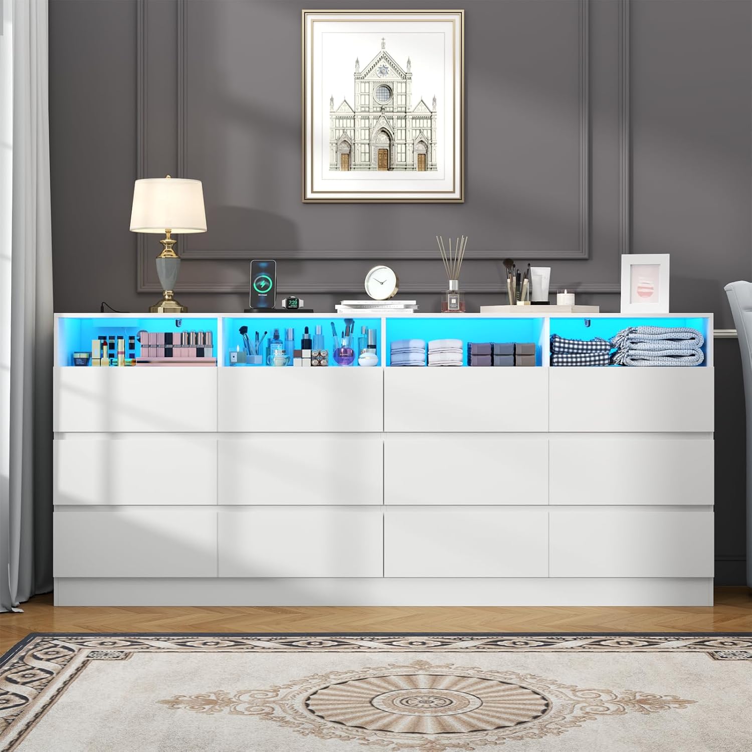 Gyfimoie 6-Drawer Dresser with Divided Compartments, Charging Station & LED Lights, 63" Wide TV Stand for TVs up to 75", Large Organizer with 4 Open Cubbies (White, 6 Drawers)