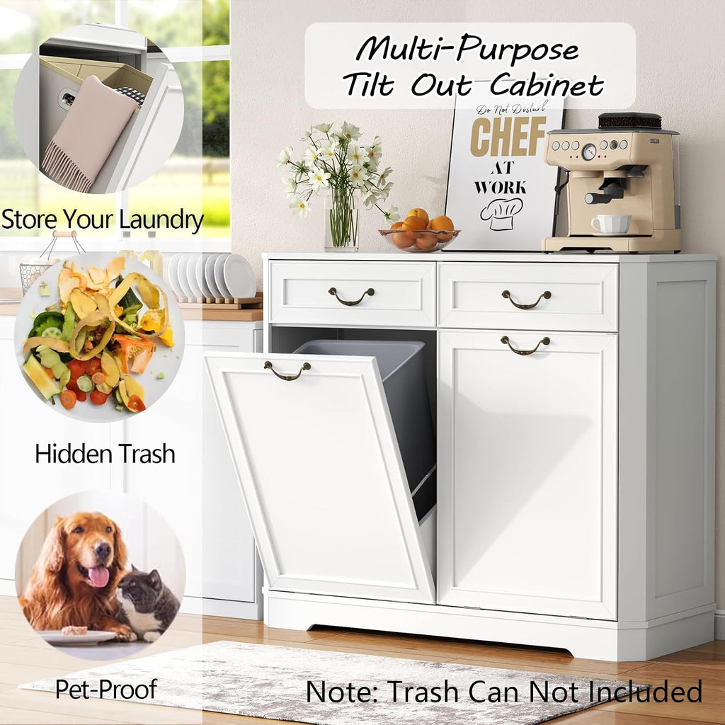 Tilt Out Laundry Hamper Cabinet, Hidden Laundry Cabinets w/Drawer & Basket