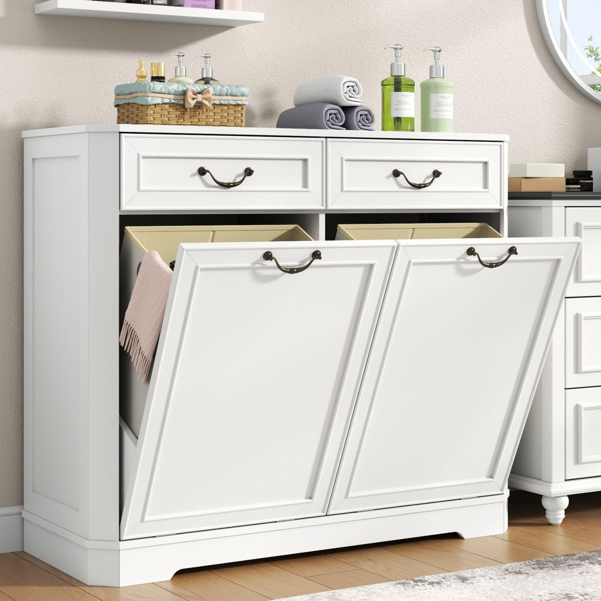 Tilt Out Laundry Hamper Cabinet, Hidden Laundry Cabinets w/Drawer & Basket
