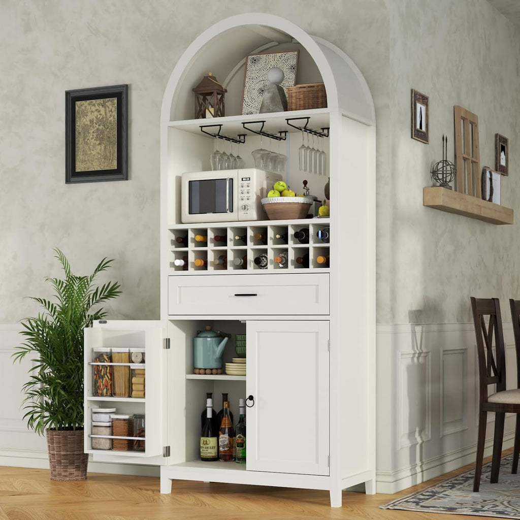 75.7" Tall Arched Wine Bar Cabinet, Bar Cabinets with Glass Holders & Wine Rack, Liquor Cabinet for Home, Kitchen Pantry W/Drawer & Shelves, Versatile Cupboard for Dining Room (White)