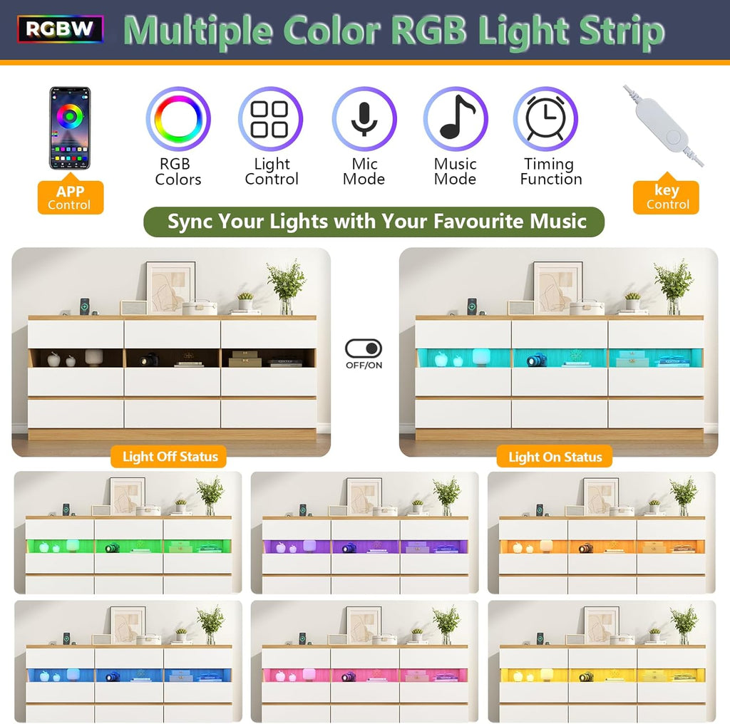 Loomie 63" Wide 9-Drawer Dresser with Charging Station & LED Lights, TV Stand for TVs up to 75", Deep Storage with 3 Cubbies,Wooden Dressers & Chest of Drawers, Modern Long Dressers for Closet,Hallway