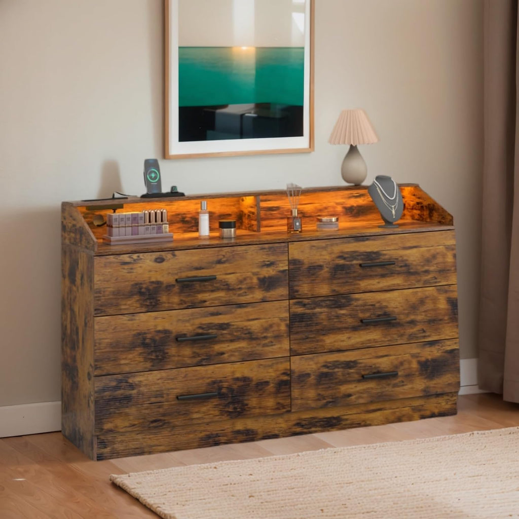Dresser for Bedroom, 6 Drawer Dresser with Charging Station, Chests of Drawers with LED Lights, Modern Double Dresser, Storage Cabinet with Drawers for Living Room, Hallway (Brown)