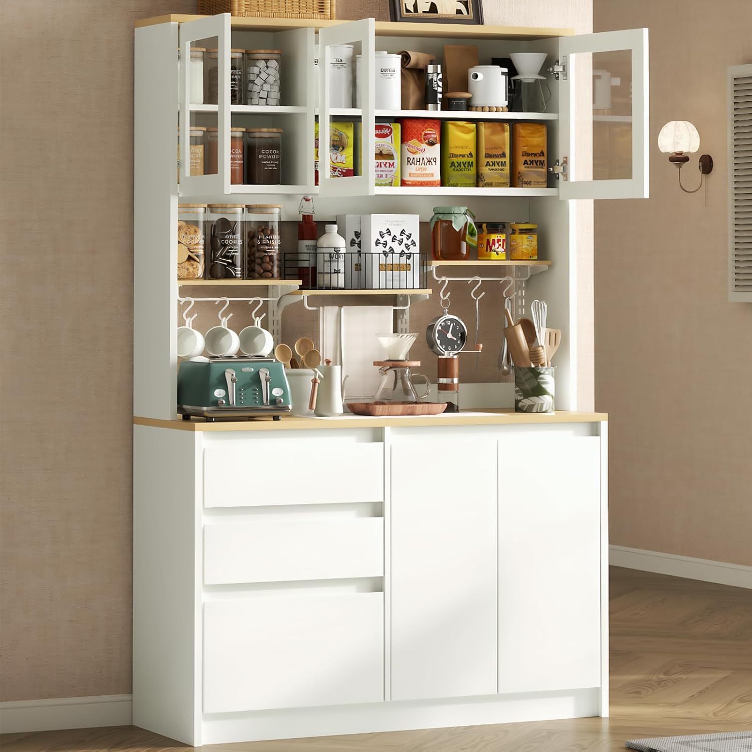 Loomie 71" Tall Kitchen Pantry Storage Cabinet, Large Kitchen Hutch with Glass Doors & 3 Drawers, Freestanding Buffet Cabinet with Adjustable Shelves, Food Pantry for Dining Room, White (White)