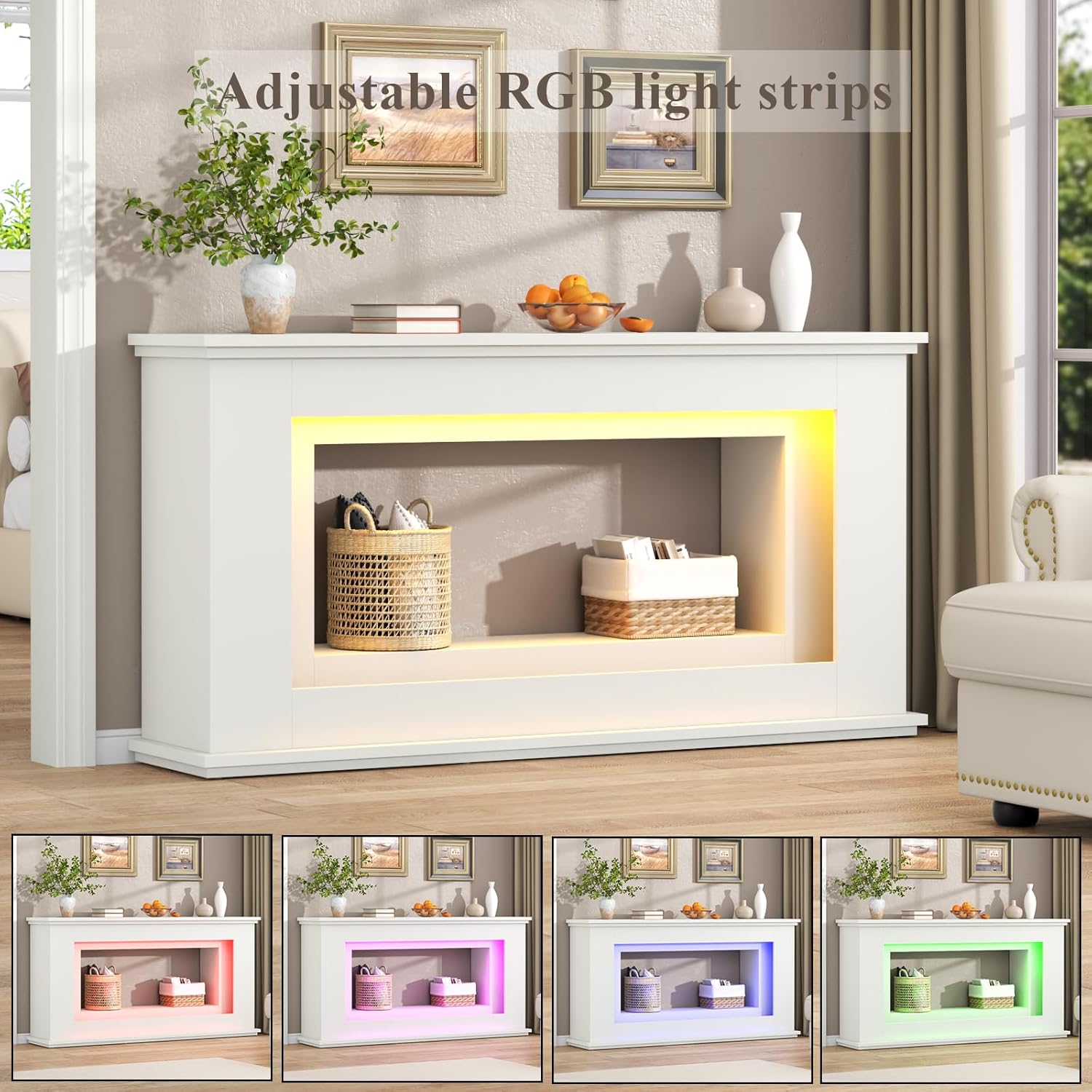 Loomie 63” Long Console Tables for Entryway, Narrow Long Entry Table with LED Lights, 2-Tier Sofa Table Behind Couch, Modern Hallway Accent Table for Living Room, Entrance (White)