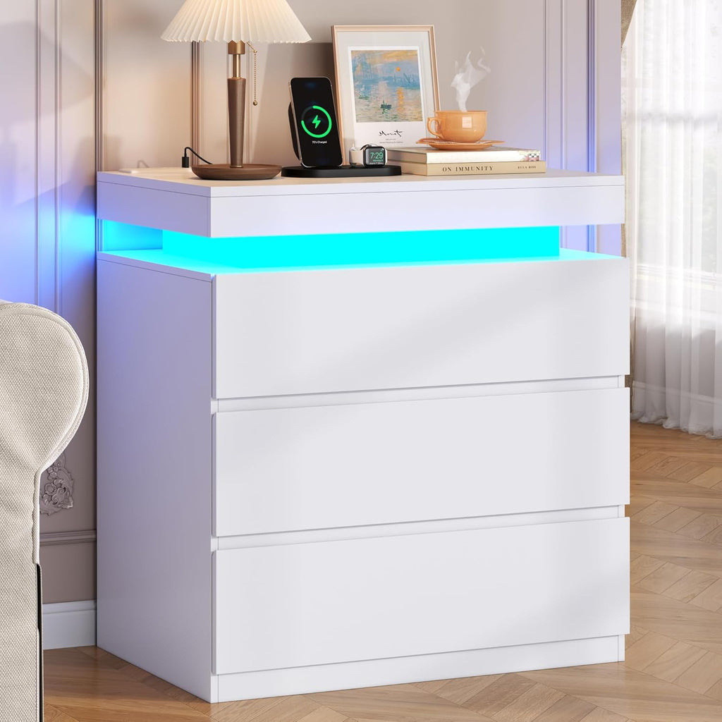 White Nightstand with Charging Station and LED Light, Night Stand with 3 Storage Drawers, Modern Bedside Table for Bedroom, End Side Table for Living Room (White, 1 Piece)