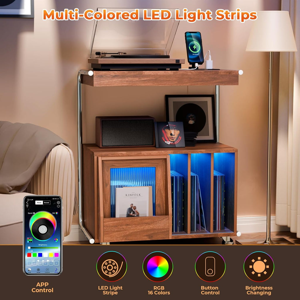 Large Record Player Stand with Sliding Door and Wheels,200 Vinyl Record Storage Cabinet, Record Player Table with Power Outlet & LED Light,Turntable Stand with Wood Legs for Living Room,Bedroom