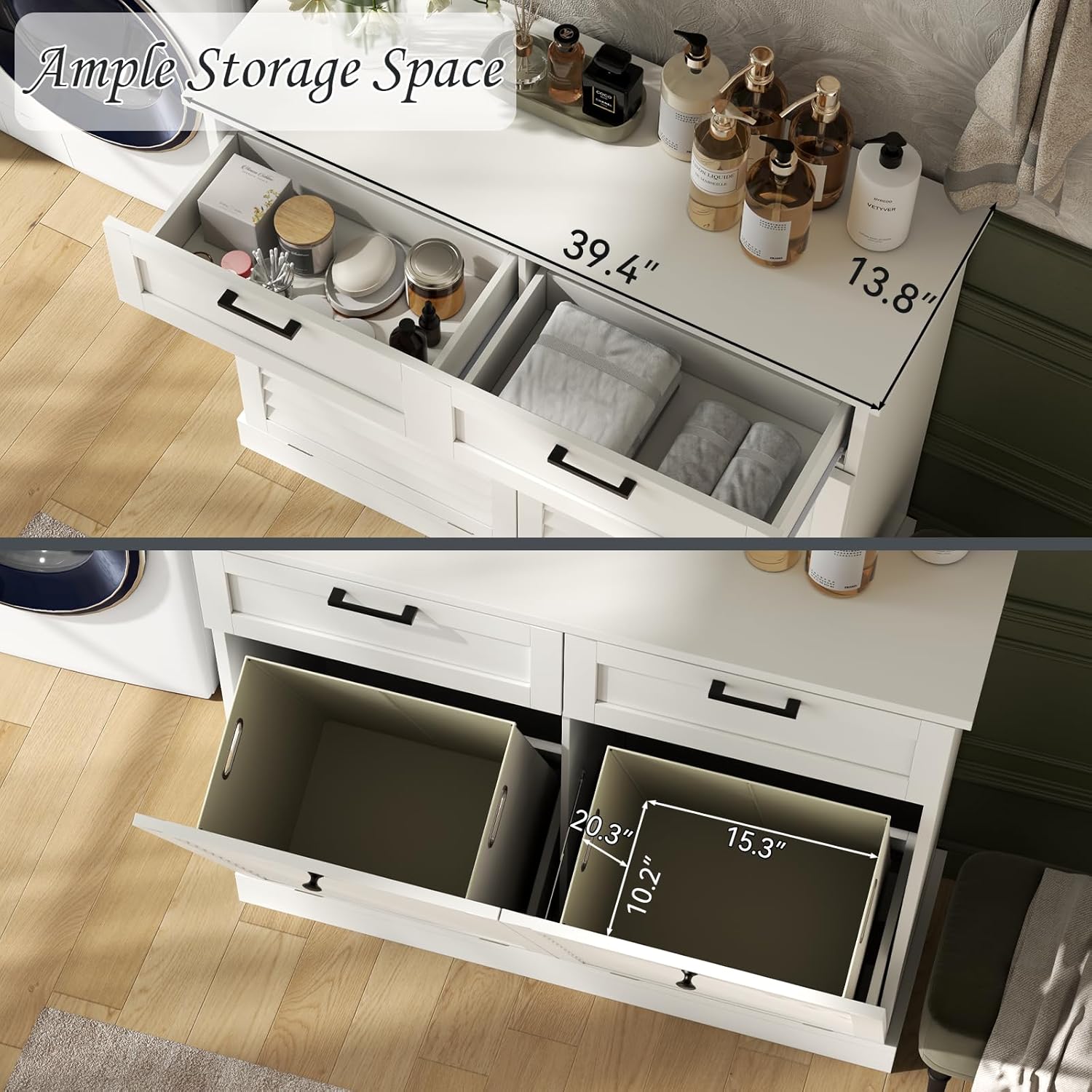 Double Tilt Out Laundry Hamper Cabinet, 30 Gallon Trash Can Cabinet with Shutter Front & 2 Drawers, Hidden Garbage Can Bin Cabinets with 2 Laundry Storage Basket for Bathroom, Kitchen (White, Full)