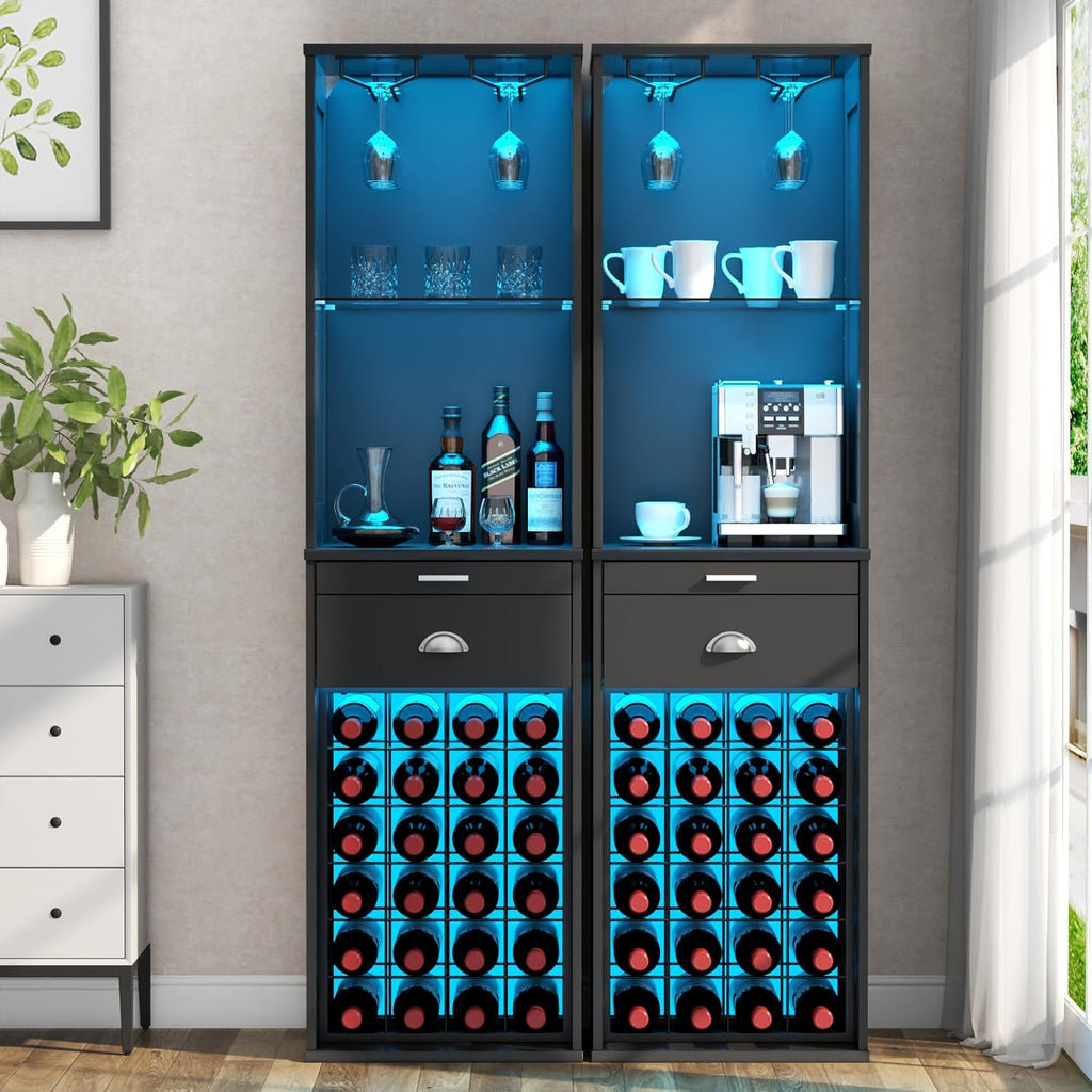 Loomie Wine Bar Cabinet with LED Lights, 65'' Tall Coffee Bar Cabinet with 24 Wine Rack & Glass Holder, Kitchen Storage with Tray & Drawer & Adjustable Shelf (Black)