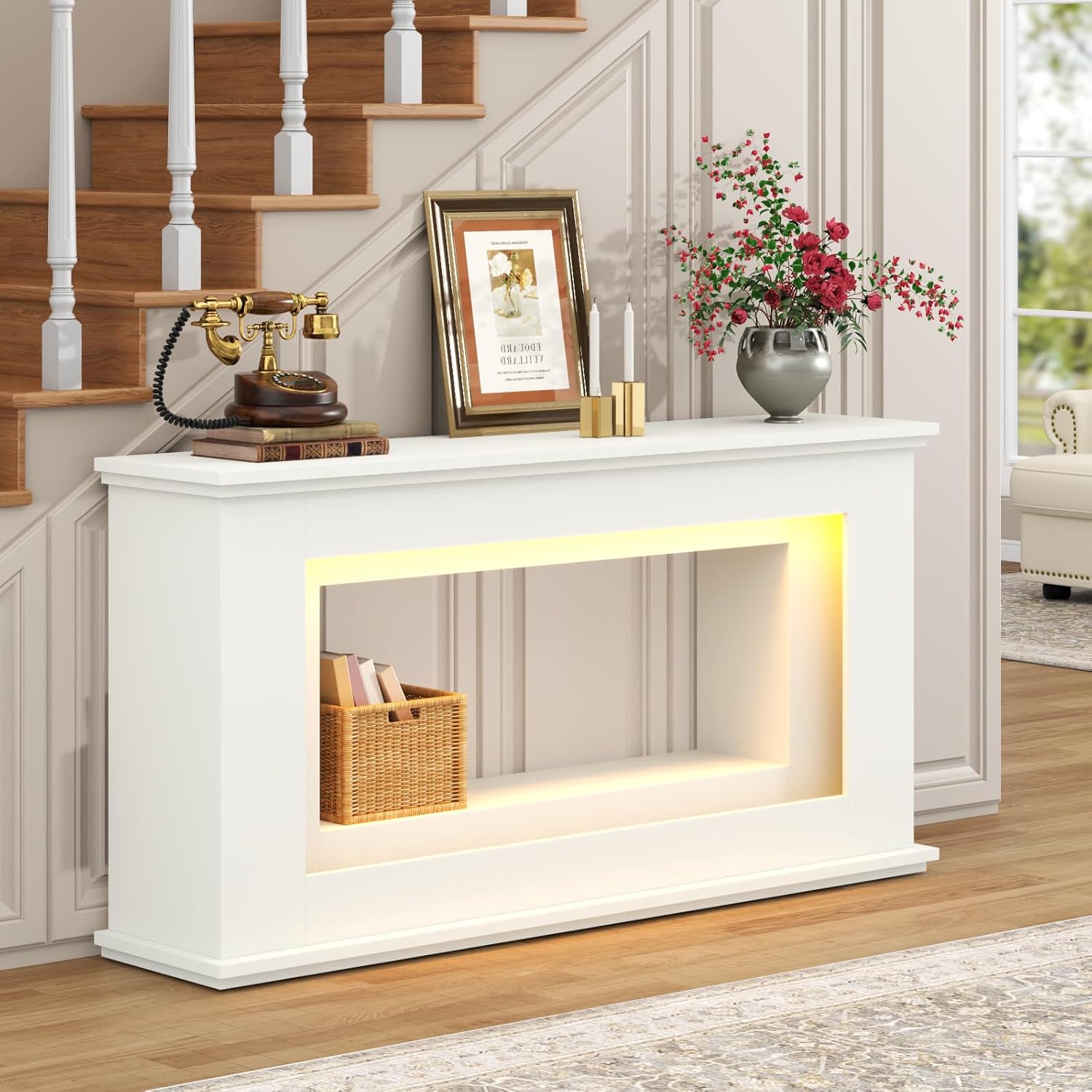 Loomie 63” Long Console Tables for Entryway, Narrow Long Entry Table with LED Lights, 2-Tier Sofa Table Behind Couch, Modern Hallway Accent Table for Living Room, Entrance (White)