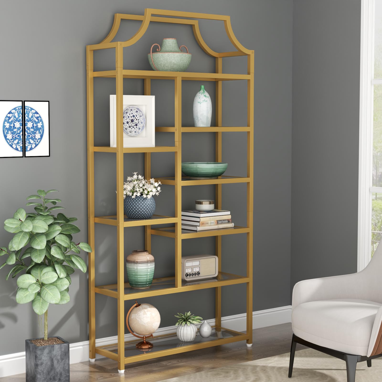 Loomie 8-Open Shelf Bookshelf, 70.87" H x 31.5" L Lux Etagere Bookcase, Tall Storage Display Modern Open Book Case for Bedroom, Home Office & Living Room, Gold Finish Metal Frame & White Shelving