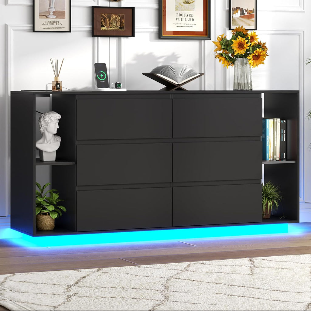 Loomie 6 Drawer Dresser for Bedroom, Modern Chest of Drawers with Power Outlet & LED Light, Double Wide Drawer Dresser Organizer Cabinet with Side Storage Shelves for Living Room (Black)