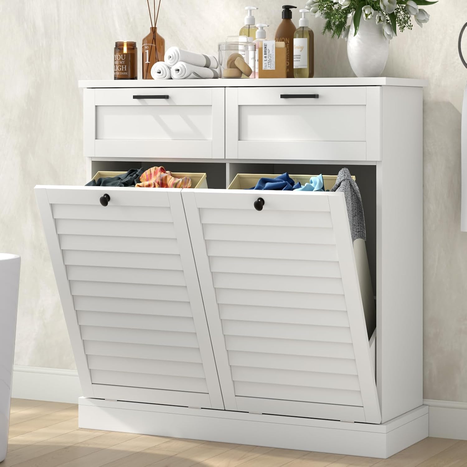 Double Tilt Out Laundry Hamper Cabinet, 30 Gallon Trash Can Cabinet with Shutter Front & 2 Drawers, Hidden Garbage Can Bin Cabinets with 2 Laundry Storage Basket for Bathroom, Kitchen (White, Full)