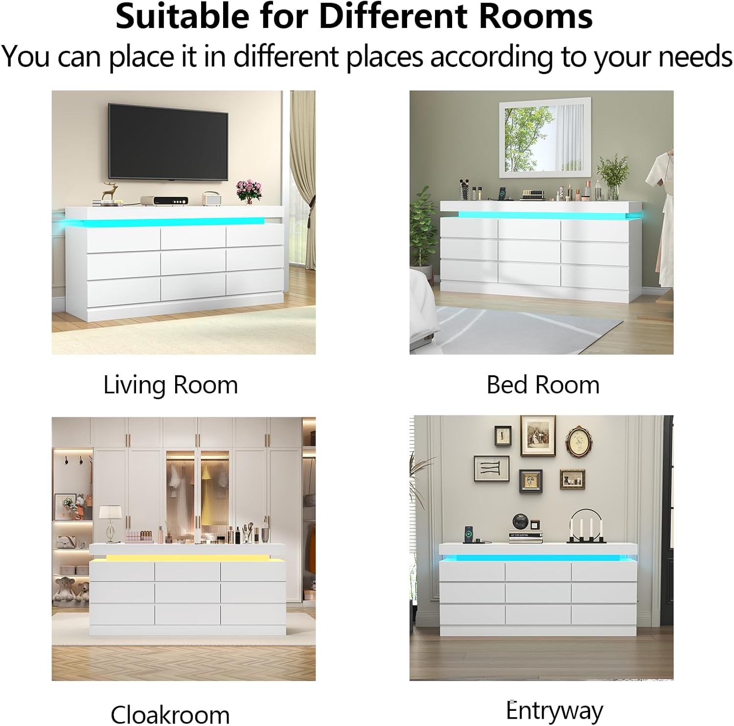 Gyfimoie 9 Drawer Dresser with Power Outlet, Dresser with LED Light, Modern Chest of Drawers for Closet, Double Wide Drawer Organizer Cabinet for Bedroom, Living Room (White, 9 Drawers)