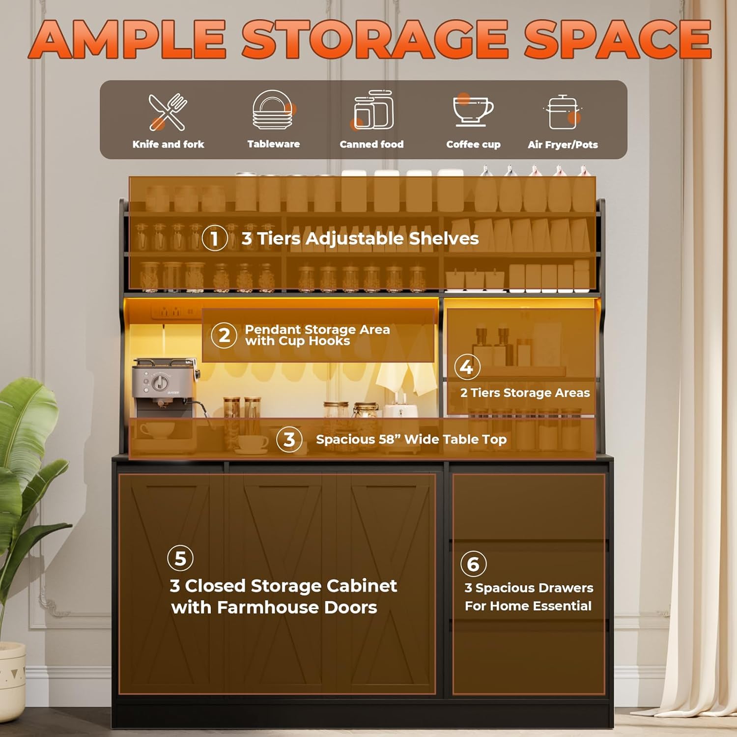 Loomie Farmhouse Sideboard Buffet Cabinet with Storage, 59" Kitchen Storage Cabinet with Power Outlet & LED Light, Coffee Bar w/Microwave Stand & Doors & Drawers & Hooks & Adjusted Shelves (Black)