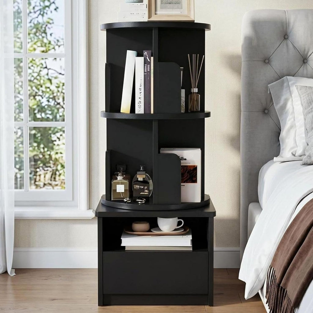 Loomie 39" Tall Nightstand with Drawer, Black Night Stand with 2 Tier Rotating Bookshelf, Bedside Table with Open Storage Shelf, End Side Table for Bedroom