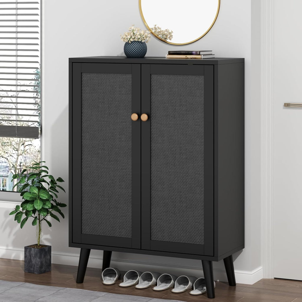 Loomie Rattan Shoe Cabinet, 6-Tiers Shoe Storage Cabinet for Entryway Hallway, 2 Door Accent Cabinet with Adjustable Shelves, 44" H Tall Sideboard Storage Cabinet Closet Living Room (Black)