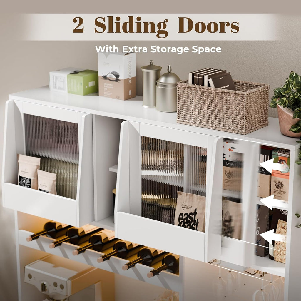 71" Tall Kitchen Pantry Storage Cabinet with 2 Sliding Doors & Outlet,Modern Kitchen Hutch Cabinet with LED Light & Drawers,Wood Food Pantry with Wine Rack & Glass Holder,Cupboard for Dining Room