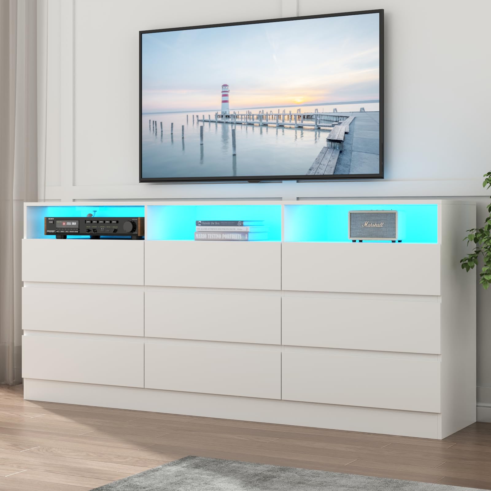Loomie 6 Drawers Dresser, White Accent Chests of Drawers with Power Outlet and LED Light for Bedroom Living Romm