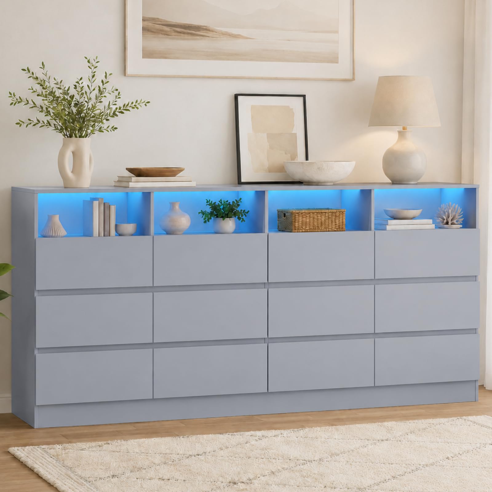 Gyfimoie 6-Drawer Dresser with Divided Compartments, Charging Station & LED Lights, 63" Wide TV Stand for TVs up to 75", Large Organizer with 4 Open Cubbies (White, 6 Drawers)