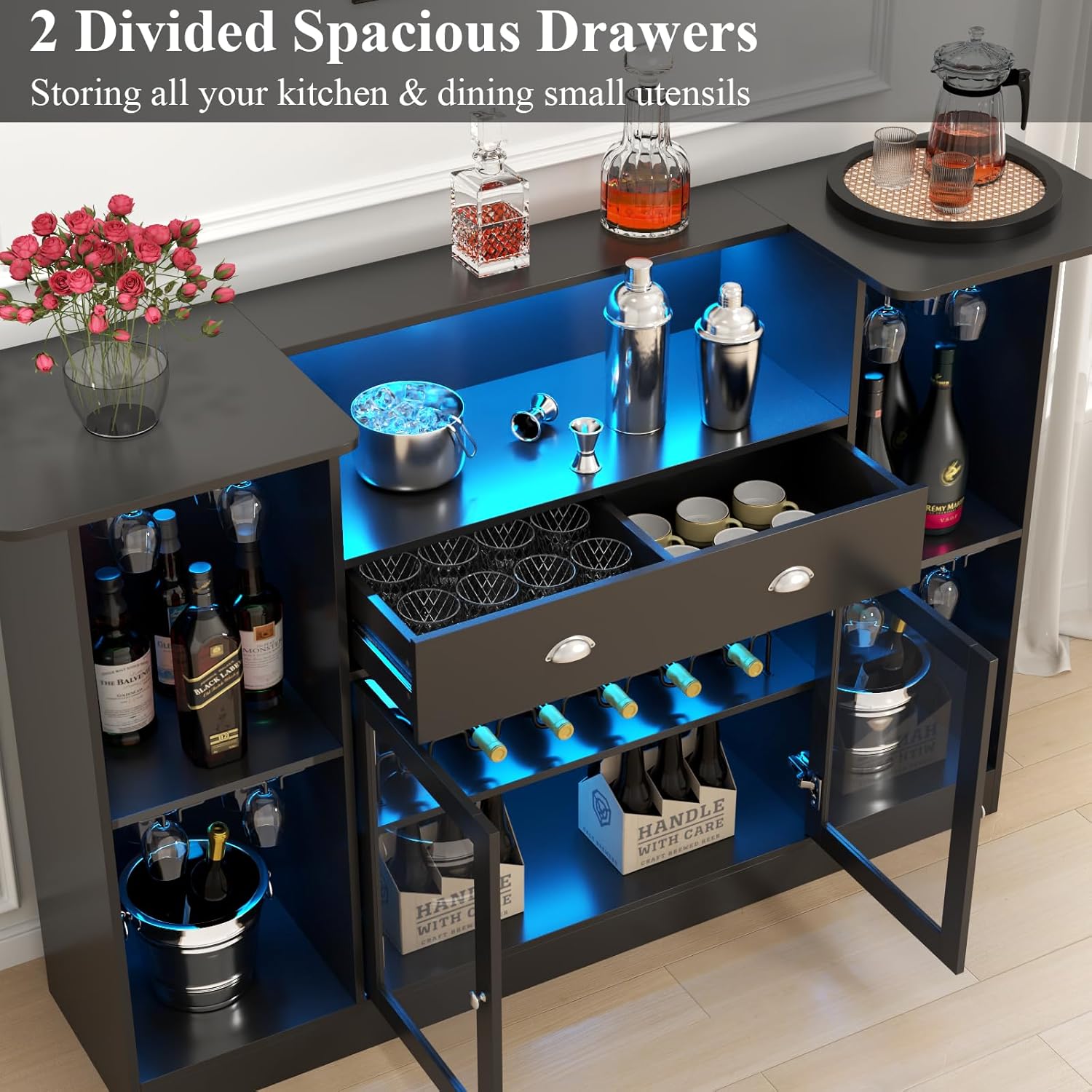 Loomie Bar Table Cabinet with LED & Drawer, Mini Liquor Bar with 8-Tier Storage & Stemware Holder, Wine Alcohol Bar Stand with Glass Door & Adjustable Wine Rack, Crescent Shaped Counter for Home Pub