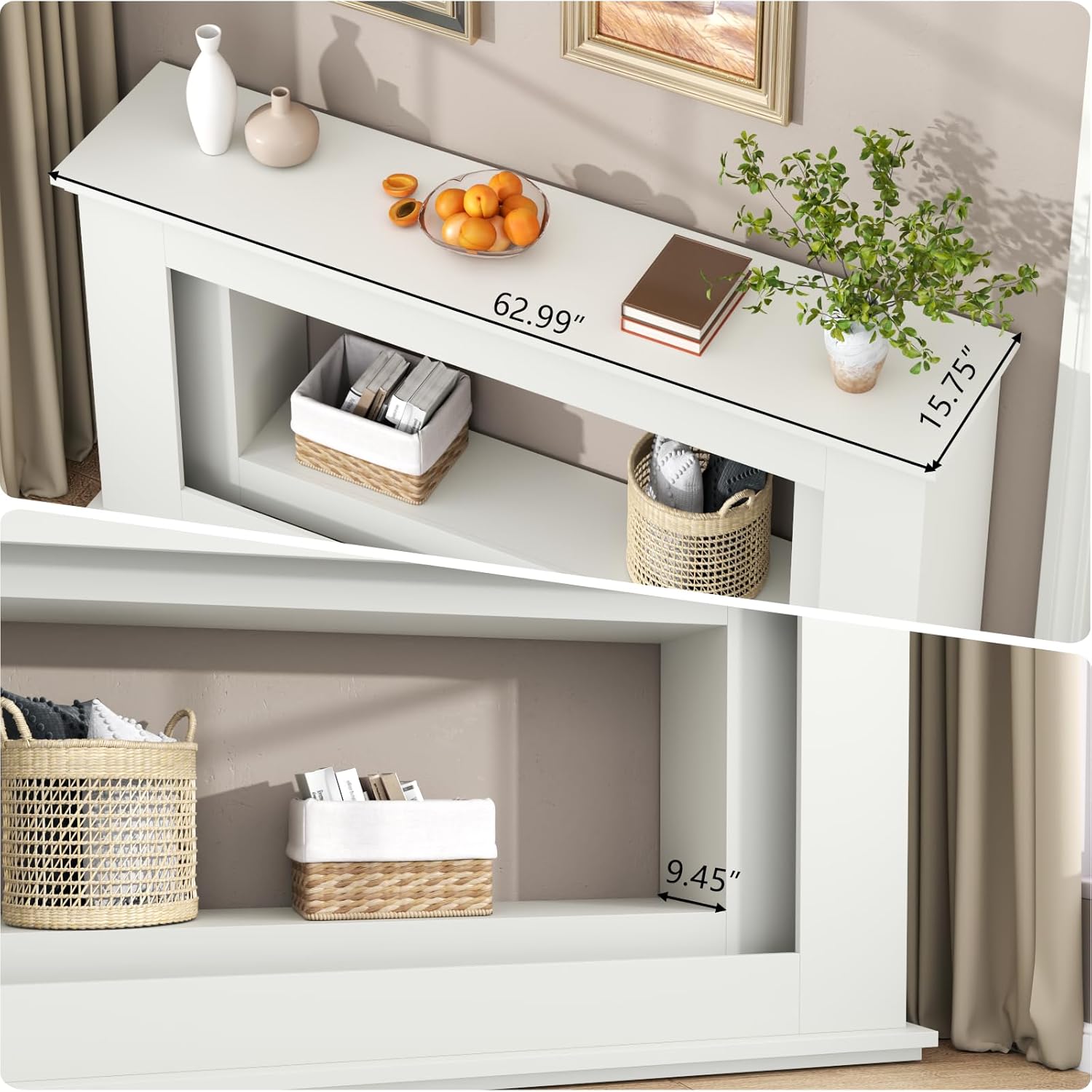 Loomie 63” Long Console Tables for Entryway, Narrow Long Entry Table with LED Lights, 2-Tier Sofa Table Behind Couch, Modern Hallway Accent Table for Living Room, Entrance (White)