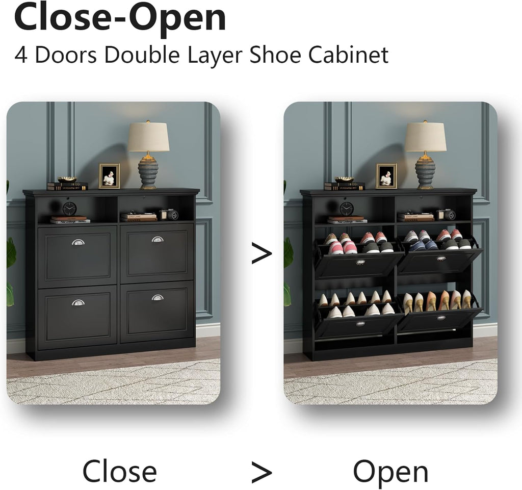 Loomie Shoe Cabinet with 4 Flip Drawers, Freestanding Shoe Storage Cabinet with Open Shelves, Hidden Slim Narrow Shoe Rack Cabinet, Shoe Organizer for Entryway, Foyer, Hallway (Black)