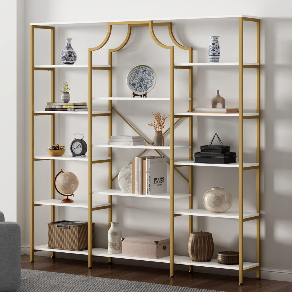 Loomie 8-Open Shelf Bookshelf, 70.87" H x 31.5" L Lux Etagere, Tempered Glass Bookcase, Tall Storage Display Modern Open Book Case for Bedroom, Home Office & Living Room, Gold Finish & Glass Shelving