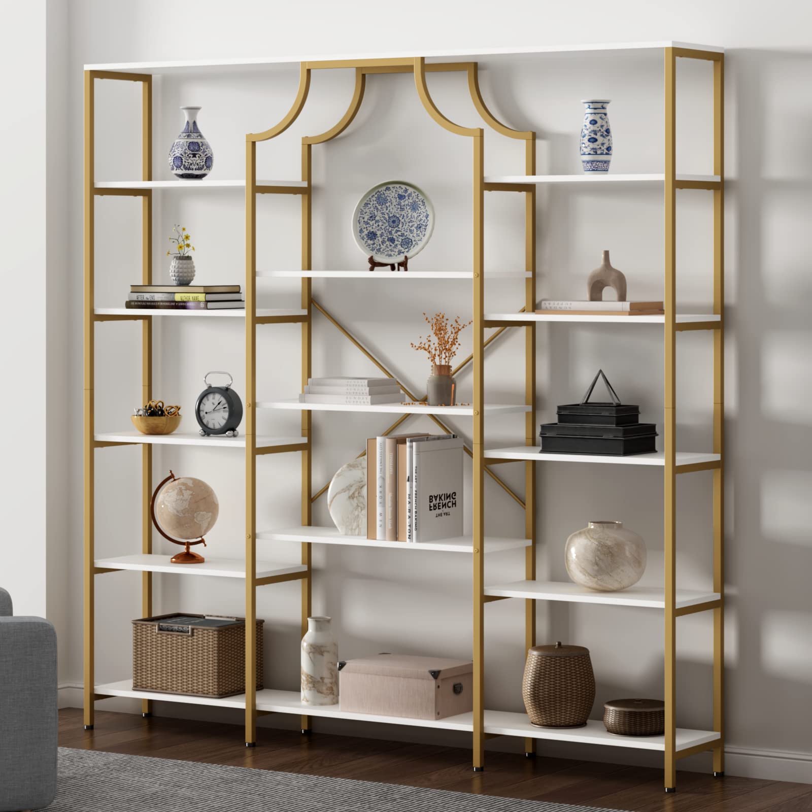 Loomie 8-Open Shelf Bookshelf, 70.87" H x 31.5" L Lux Etagere, Tempered Glass Bookcase, Tall Storage Display Modern Open Book Case for Bedroom, Home Office & Living Room, Gold Finish & Glass Shelving