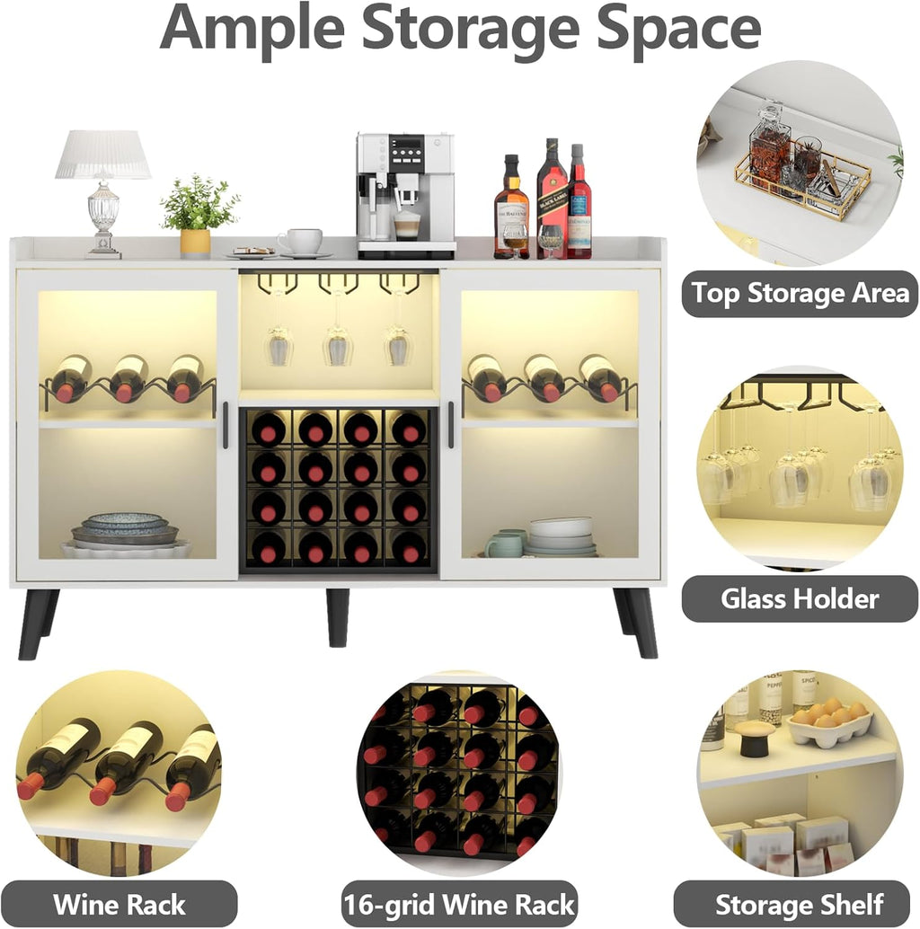 Loomie Wine Bar Cabinet with LED Light, Home Coffee Cabinet with Wine Rack and Glass Holder, Kitchen Buffet Sideboard W Storage Shelf, Freestanding Liquor Cabinet for Living Room, Dining Room (White)