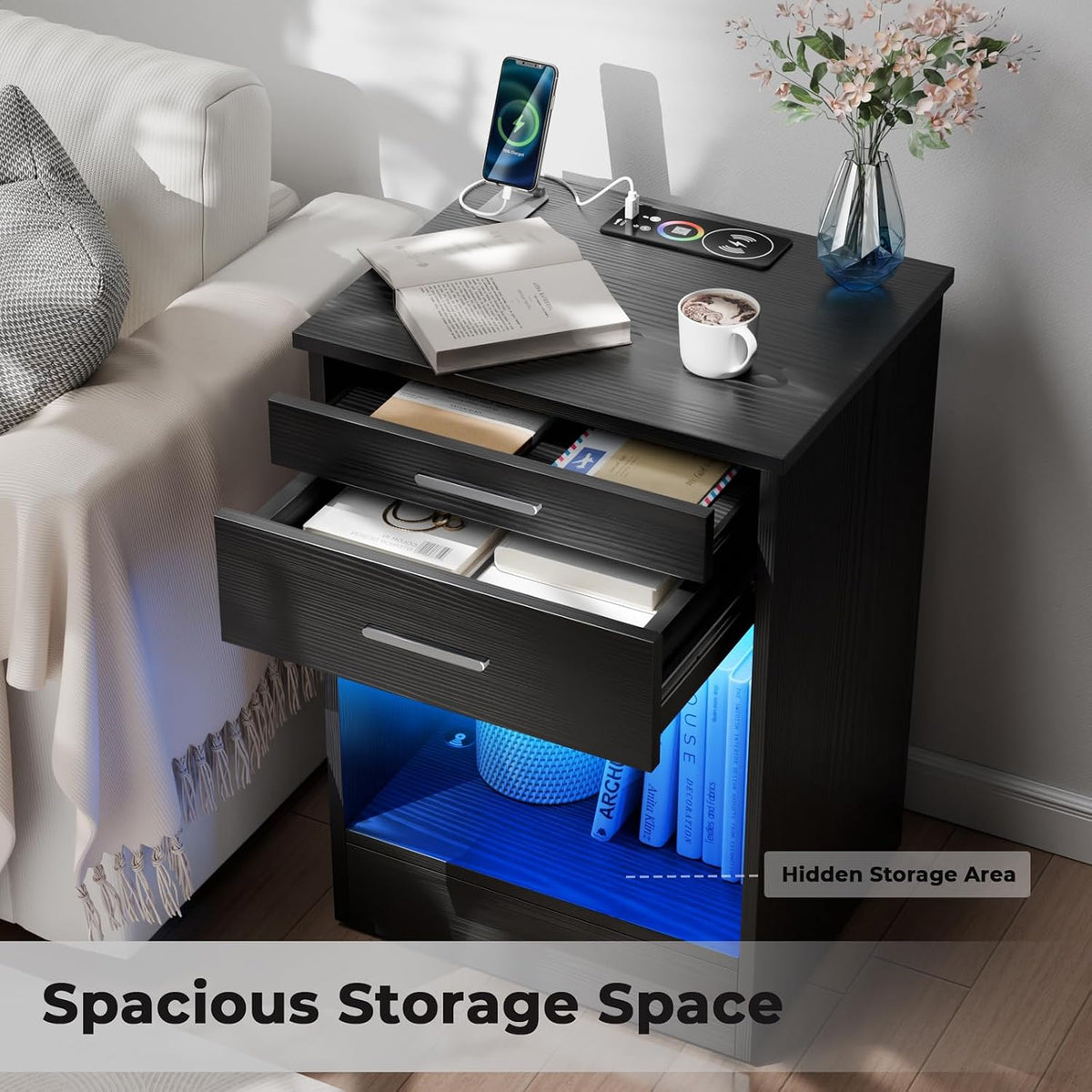 Loomie Black Nightstand with RFID Lock Cabinet & Wireless Charging Station