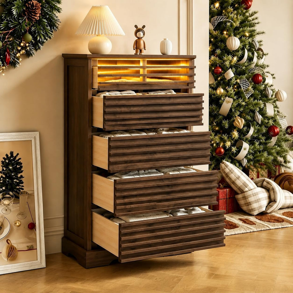 Loomie Farmhouse 5 Drawer Dresser, 46'' Tall Dresser with LED Light, Chest of Drawers with Grille Design & Sturdy Base, Vertical Wood Dresser for Living Room, Apartment, Entryway