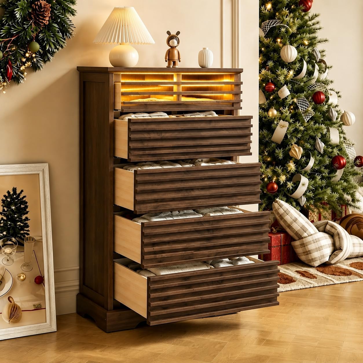 Loomie Farmhouse 5 Drawer Dresser, 46'' Tall Dresser with LED Light, Chest of Drawers with Grille Design & Sturdy Base, Vertical Wood Dresser for Living Room, Apartment, Entryway