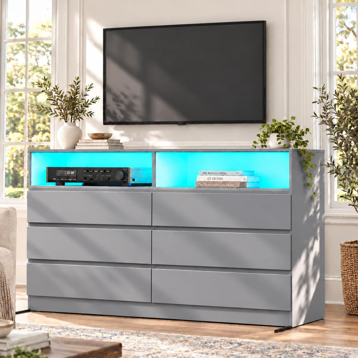 Loomie 6 Grey Drawer Dresser for Bedroom w/Charging Station & LED Lights