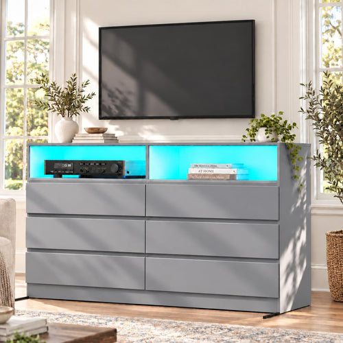 Loomie 6 Grey Drawer Dresser for Bedroom w/Charging Station & LED Lights