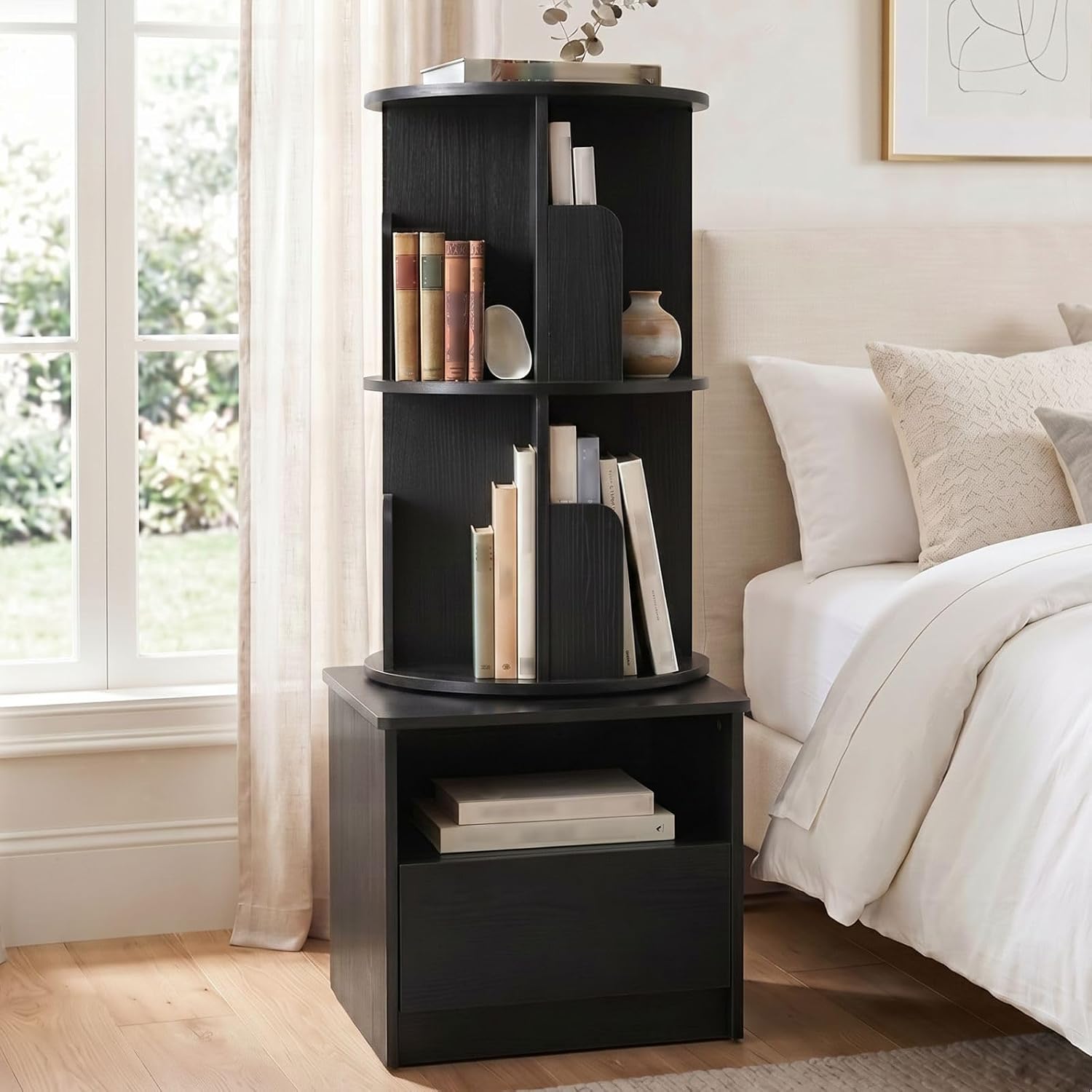 Loomie 39" Tall Nightstand with Drawer, Black Night Stand with 2 Tier Rotating Bookshelf, Bedside Table with Open Storage Shelf, End Side Table for Bedroom