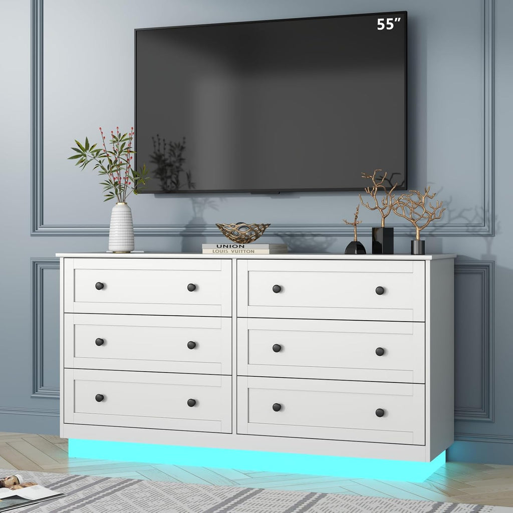 Loomie 6 Drawer Dresser with Power Outlet, Modern Chest of Drawers with Led Light, Double Wide Drawer Organizer Cabinet, Dresser for Bedroom, Living Room, Entryway (White)