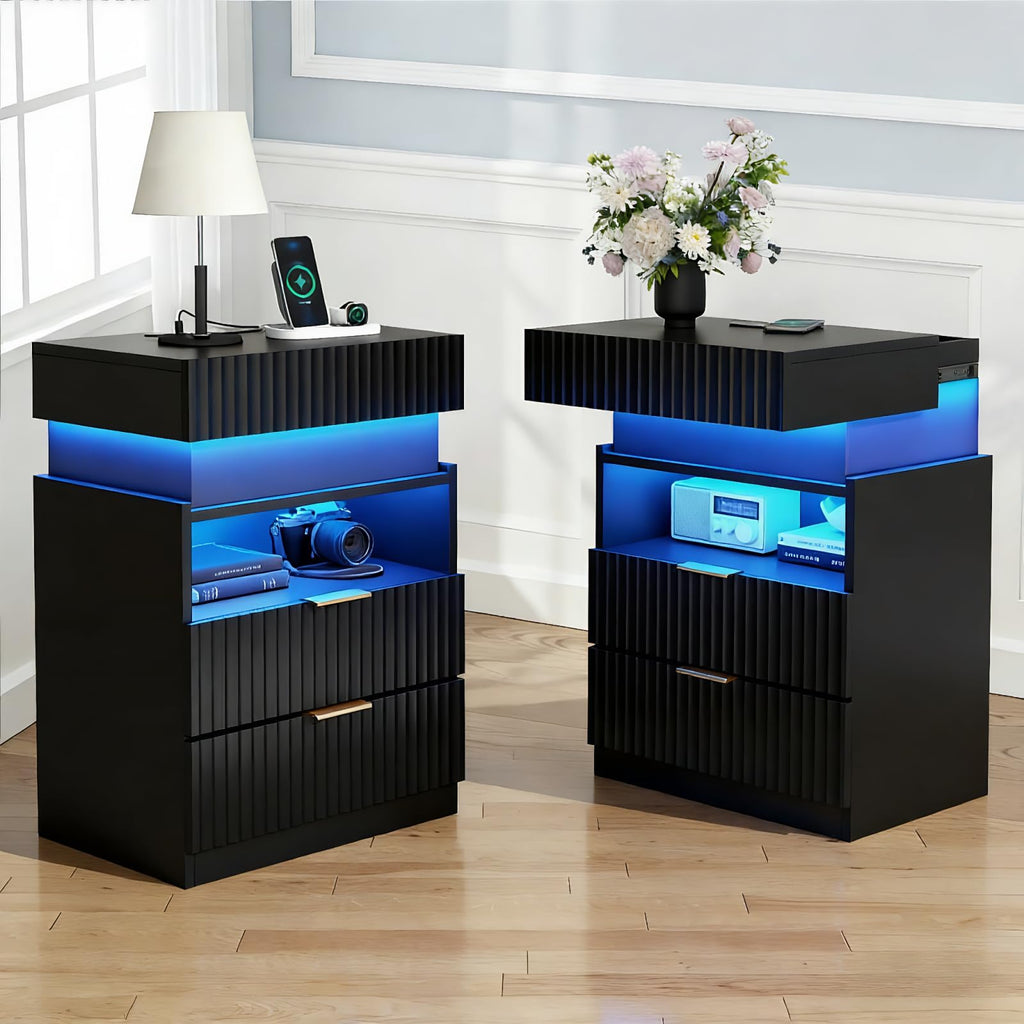 Night Stand with Wireless Charging Station, White Bedside Table with Hidden Gun Drawer & LED Lights, Modern End Table with 2 Drawers, Fluted Nightstands with Open Storage Shelf for Bedroom