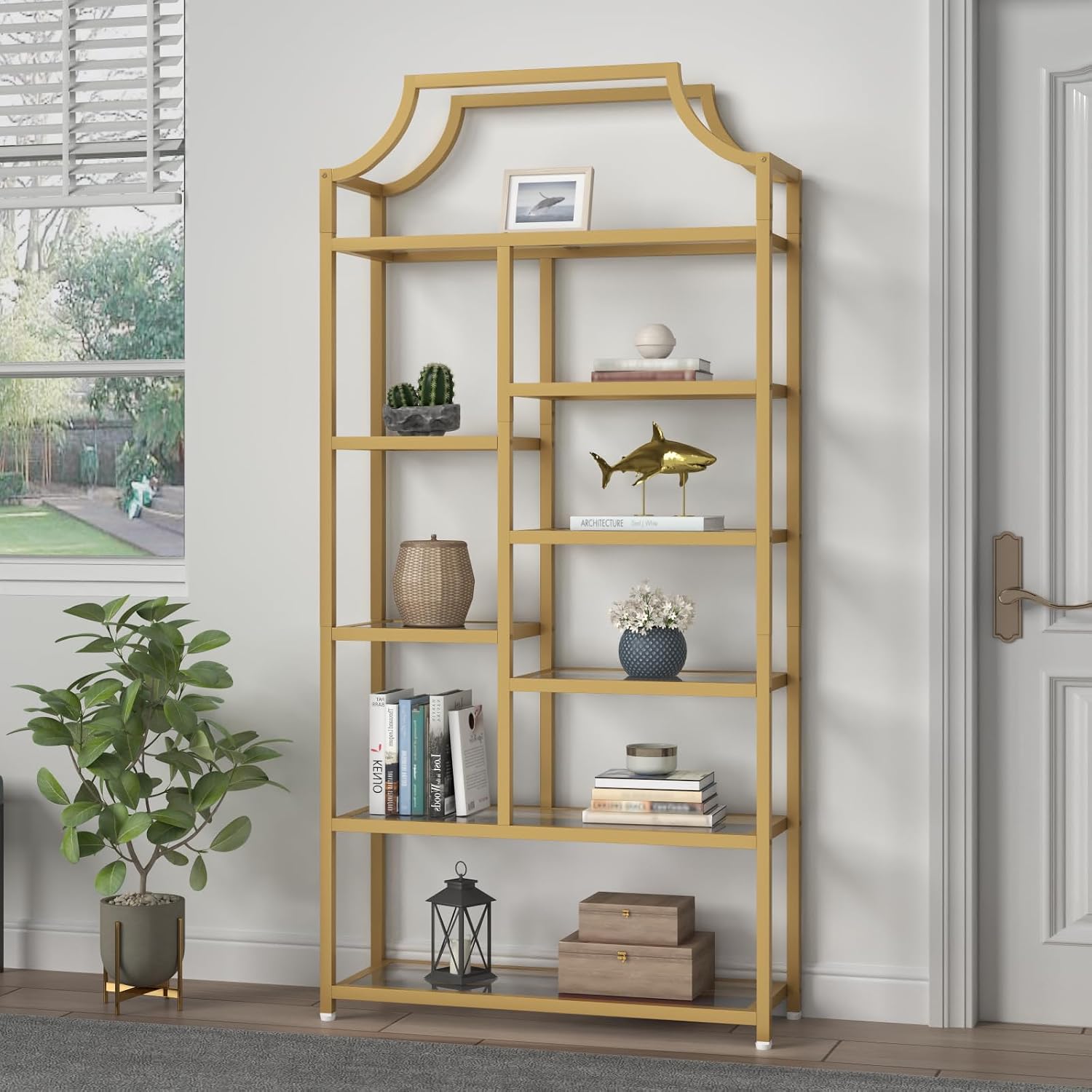 Loomie 8-Open Shelf Bookshelf, 70.87" H x 31.5" L Lux Etagere, Tempered Glass Bookcase, Tall Storage Display Modern Open Book Case for Bedroom, Home Office & Living Room, Gold Finish & Glass Shelving