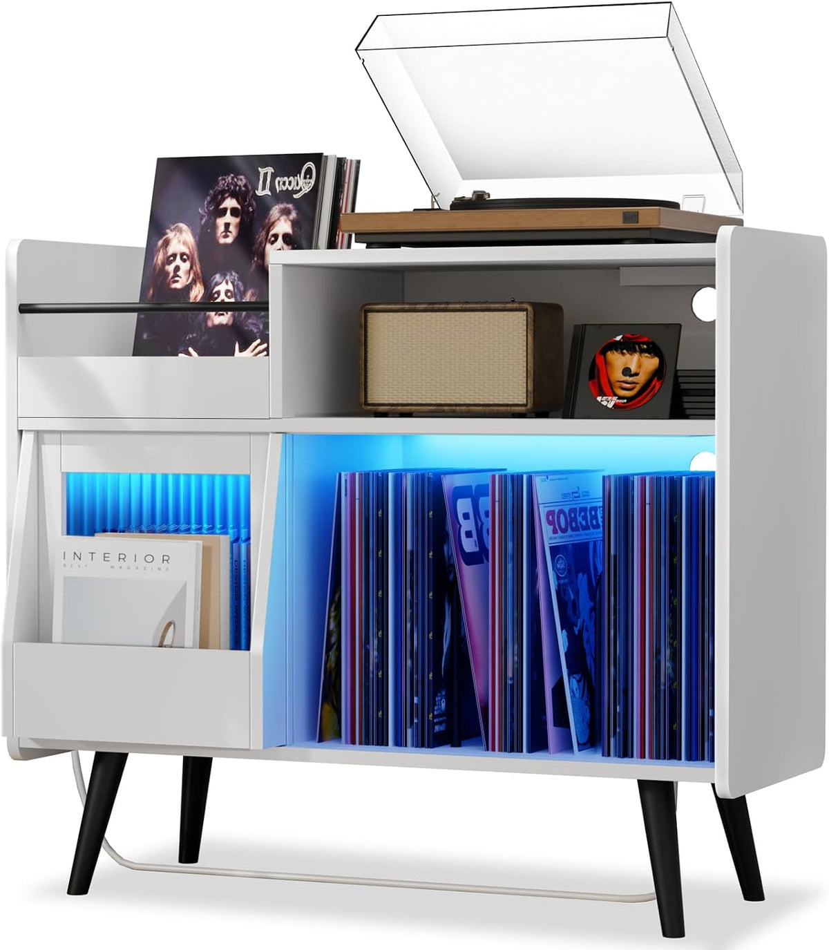 Large Record Player Stand -Turntable Stand Shelf w/Power Outlet & LED Light