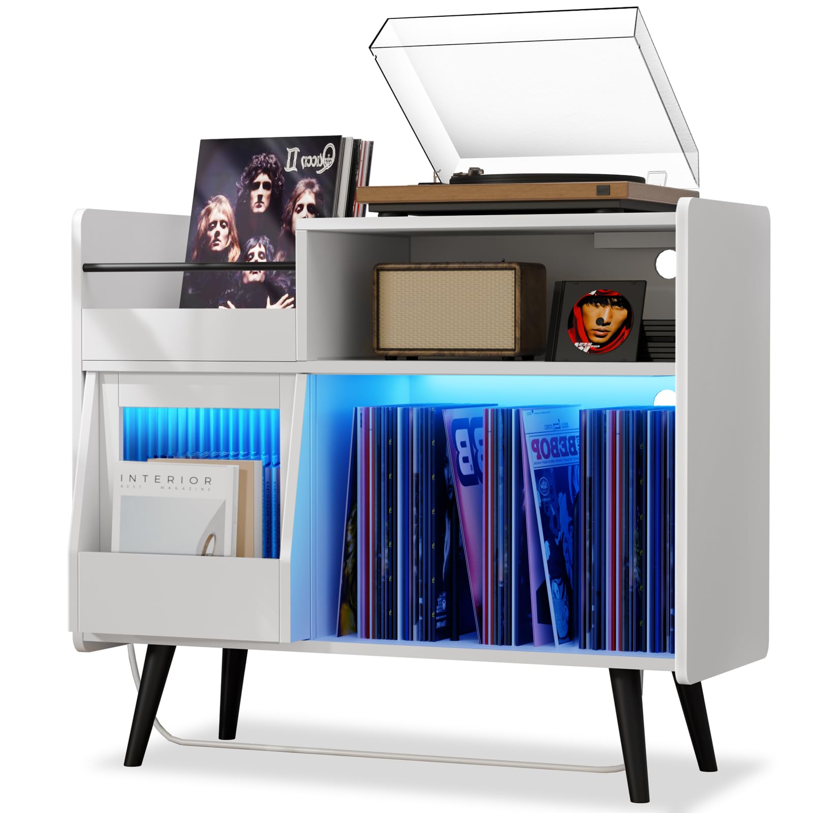 Loomie Upgraded Large Record Player Stand,Turntable Stand Shelf with with Power Outlet and LED Light,Vinyl Record Storage Cabinet Up to 350 Albums, Wood Record Player Holder Table for Living Room