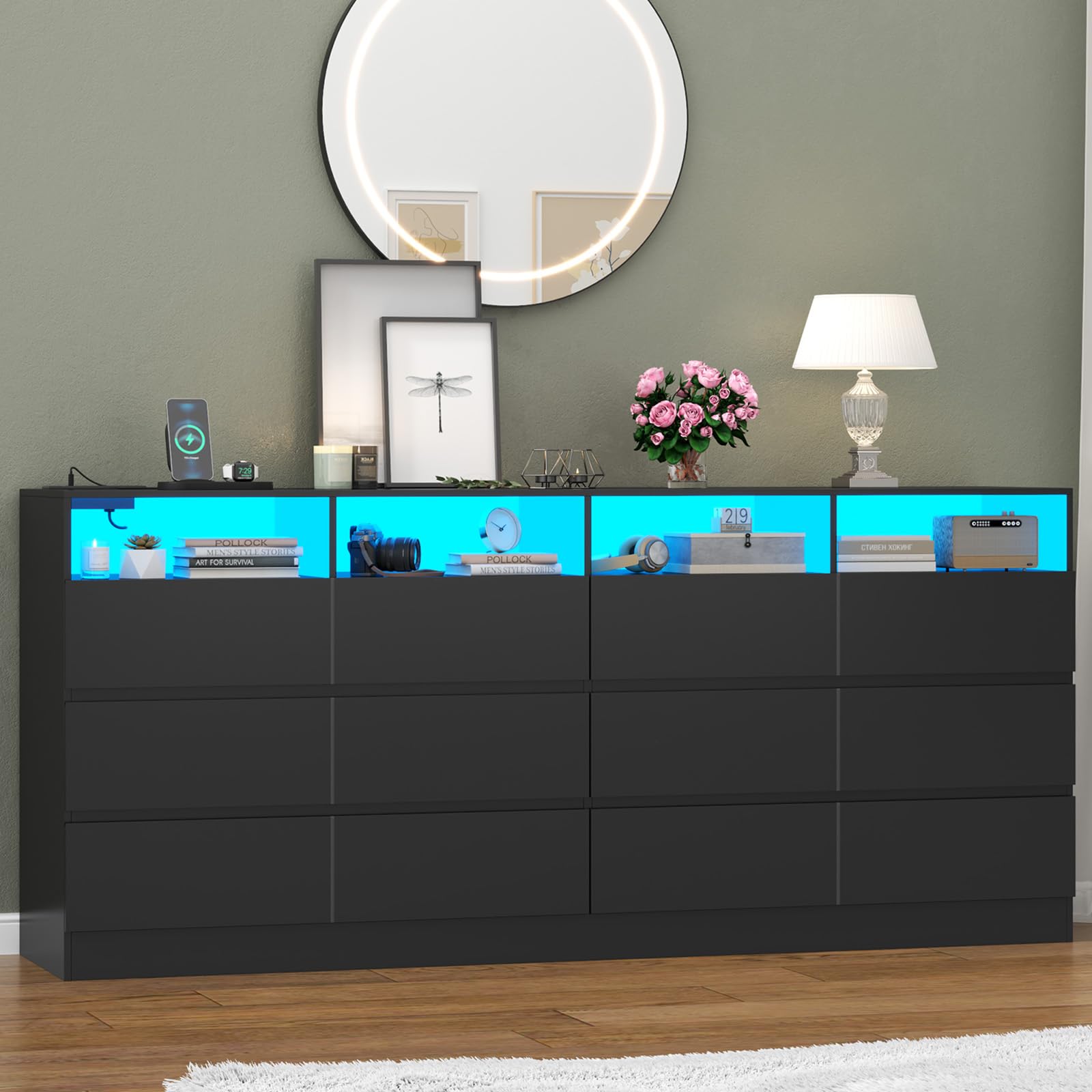 Gyfimoie 6-Drawer Dresser with Divided Compartments, Charging Station & LED Lights, 63" Wide TV Stand for TVs up to 75", Large Organizer with 4 Open Cubbies (White, 6 Drawers)