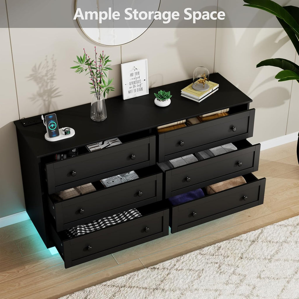 Loomie 6 Drawer Dresser with Power Outlet, Modern Chest of Drawers with Led Light, Double Wide Drawer Organizer Cabinet, Dresser for Bedroom, Living Room, Entryway (Black)