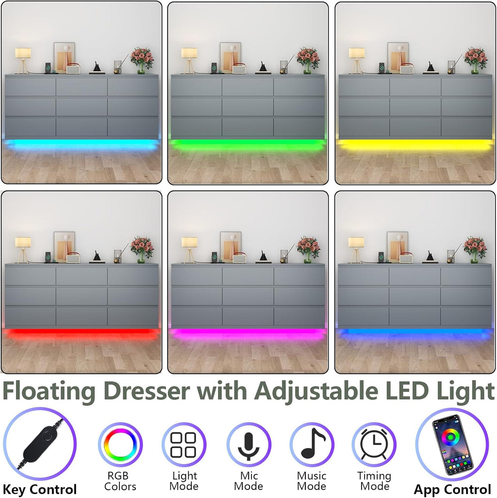 Gyfimoie 9 Drawer Dresser with Power Outlet, Floating White Dresser Chest of Drawer with LED Light,Modern Double Wide Drawer Organizer Cabinet for Bedroom,Living Room