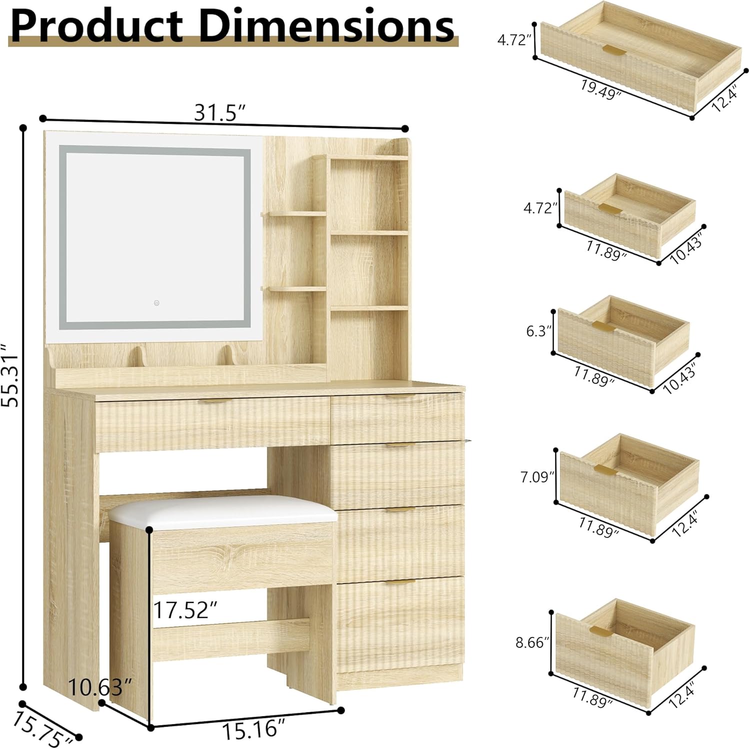 Fluted Vanity Desk with Hidden Storage Stool and Large Mirror,Makeup Vanity Table with 5 Drawers & Charging Station,3 Lighting Modes & Adjustable shelf,Dressing Table for Women Girls Bedroom, Oak