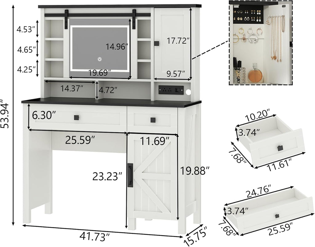 Loomie Farmhouse Vanity Desk with Sliding Mirror & Lights, Makeup Vanity Table with Power Outlet, 2 Drawers, 2 Cabinets & 2 Cubbies, Dressing Table with 3 Color Lighting Modes for Bedroom (White)