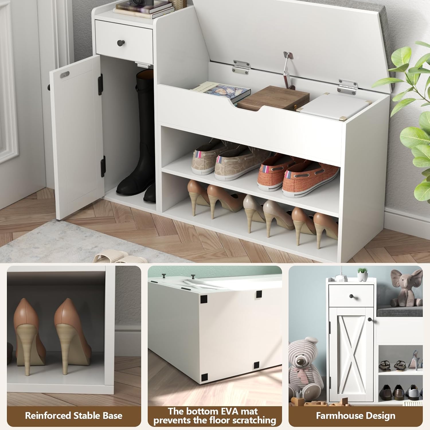 Loomie Shoe Storage Bench, 2-Tier Farmhouse Entryway Bench with Lift Top Storage Box, Drawer & Soft Removable Seat Cushion, Silm Shoe Rack with Shoe Cabinet for Entryway, Hallway, Bedroom, White