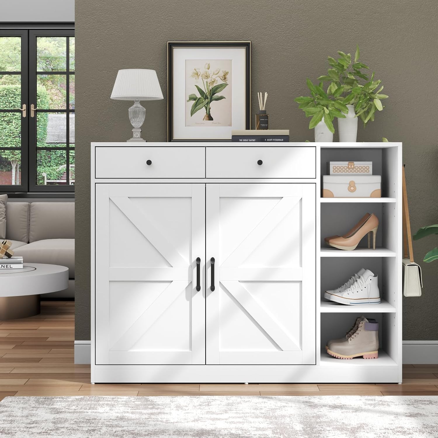 Loomie 5-Tier Shoe Cabinet with 4 Side Cubbies, Farmhouse Shoe Rack Cabinet with 6 Adjustable Shelves & 2 Drawers, Freestanding Shoe Storage Cabinet with 4 Brackets & 2 Hooks for Entryway (White)