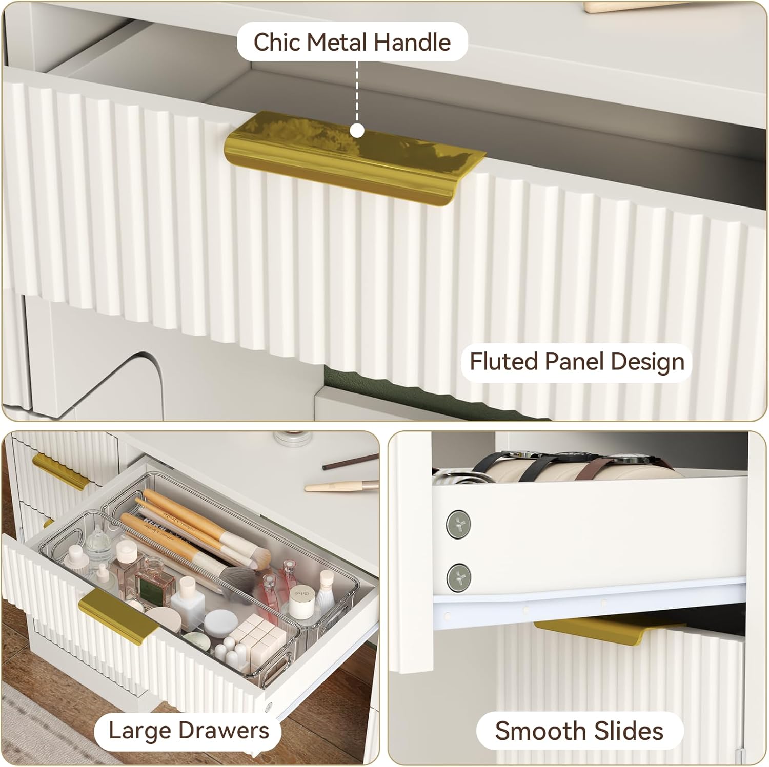 Big Fluted white Vanity Desk with 36" Mirror,11 LED Lights & Power Outlet,Large Wood Makeup Vanity Table with 2 Hidden Storage Shelf, Modern Dressing Table w/5 Drawers and 2 Cabinets for Bedroom