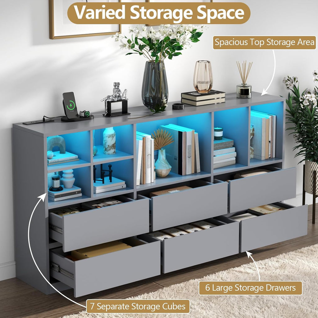 Grey Dresser for Bedroom, 63” Chest of Drawers with Charging Station